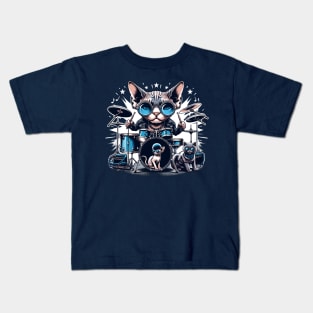 Devon Rex Cat Playing Drums Kids T-Shirt